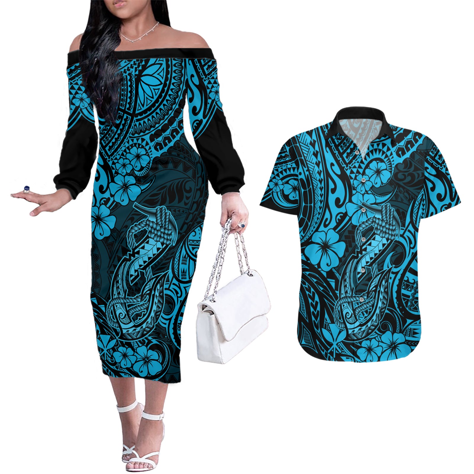 Hawaii Fish Hook Couples Matching Off The Shoulder Long Sleeve Dress and Hawaiian Shirt Hibiscus Hawaii Tribal Tattoo Sky Blue Version - Wonder Print Shop