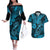 Hawaii Fish Hook Couples Matching Off The Shoulder Long Sleeve Dress and Hawaiian Shirt Hibiscus Hawaii Tribal Tattoo Sky Blue Version - Wonder Print Shop
