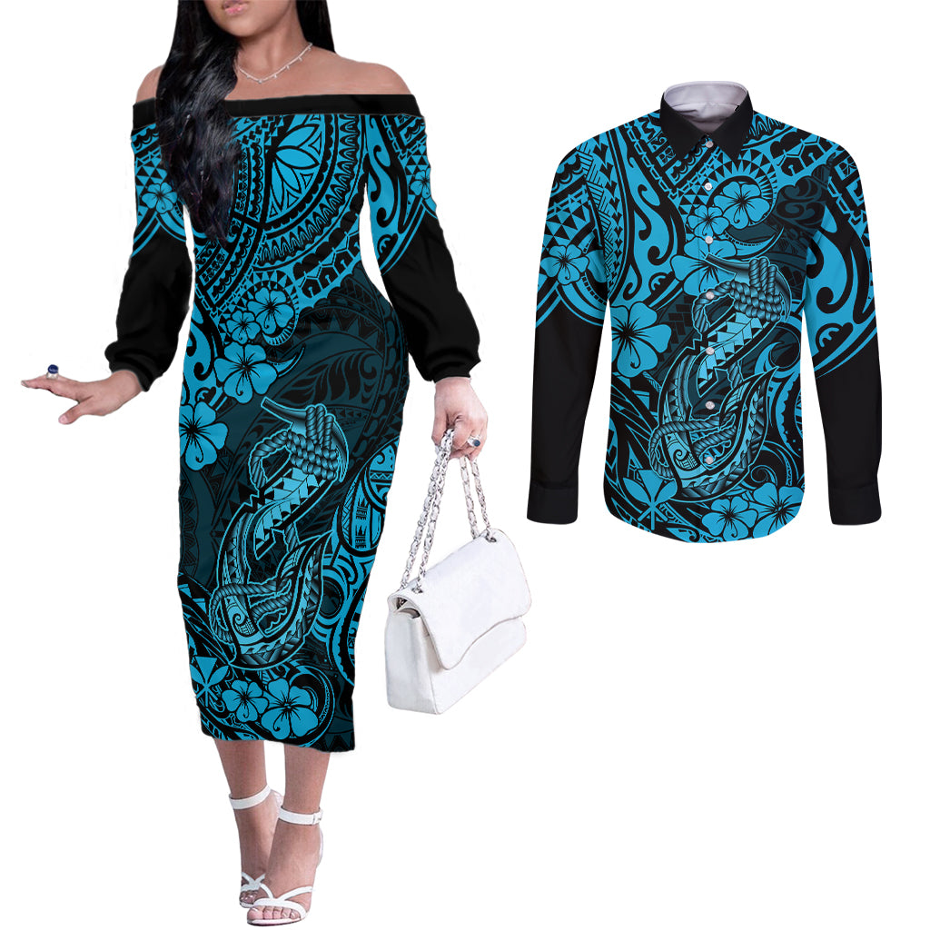 hawaii-fish-hook-couples-matching-off-the-shoulder-long-sleeve-dress-and-long-sleeve-button-shirts-hibiscus-hawaii-tribal-tattoo-sky-blue-version
