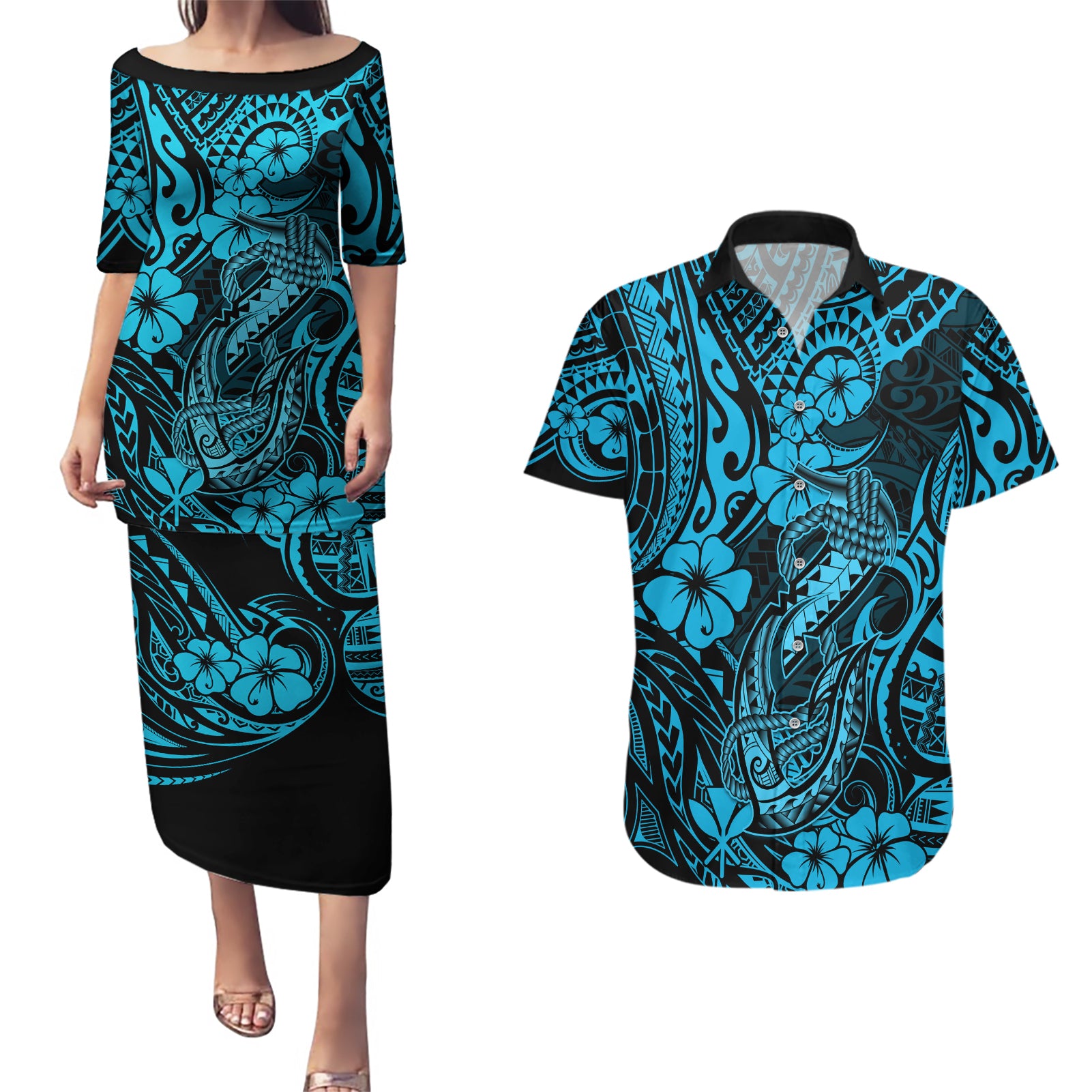 Hawaii Fish Hook Couples Matching Puletasi Dress and Hawaiian Shirt Hibiscus Hawaii Tribal Tattoo Sky Blue Version - Wonder Print Shop