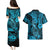 Hawaii Fish Hook Couples Matching Puletasi Dress and Hawaiian Shirt Hibiscus Hawaii Tribal Tattoo Sky Blue Version - Wonder Print Shop