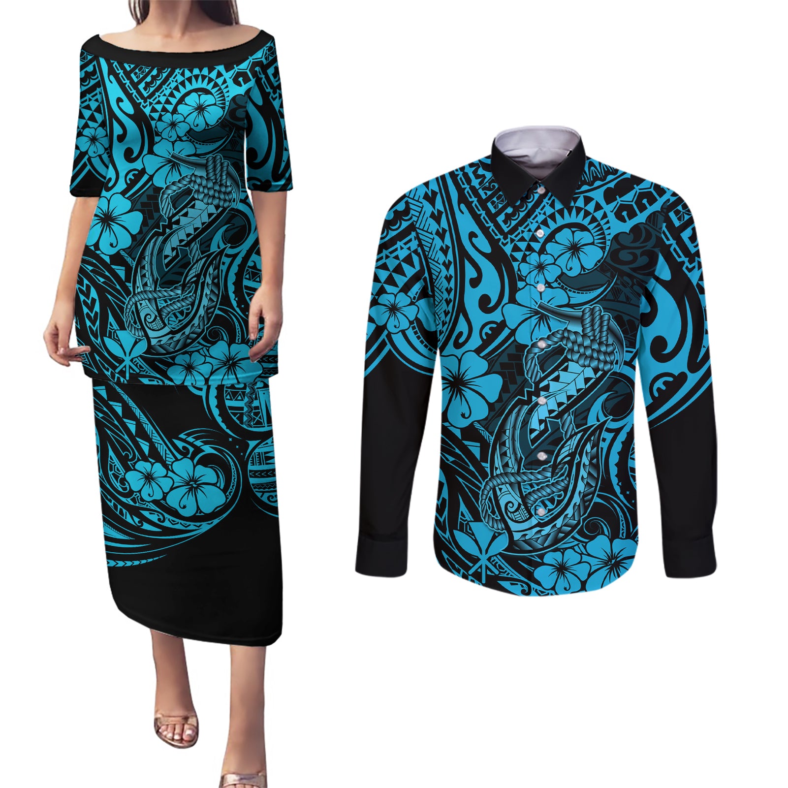 Hawaii Fish Hook Couples Matching Puletasi Dress and Long Sleeve Button Shirts Hibiscus Hawaii Tribal Tattoo Sky Blue Version - Wonder Print Shop
