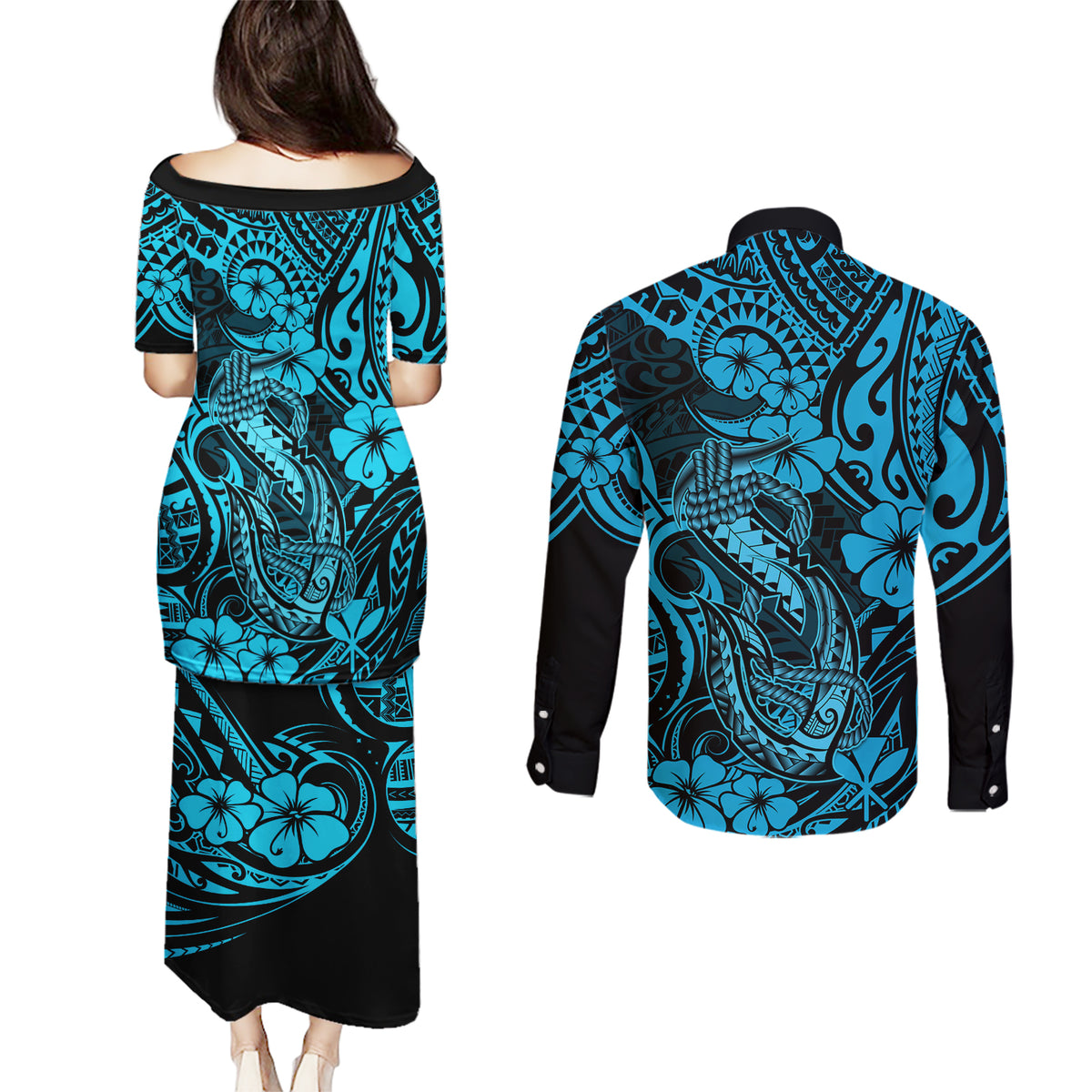Hawaii Fish Hook Couples Matching Puletasi Dress and Long Sleeve Button Shirts Hibiscus Hawaii Tribal Tattoo Sky Blue Version - Wonder Print Shop