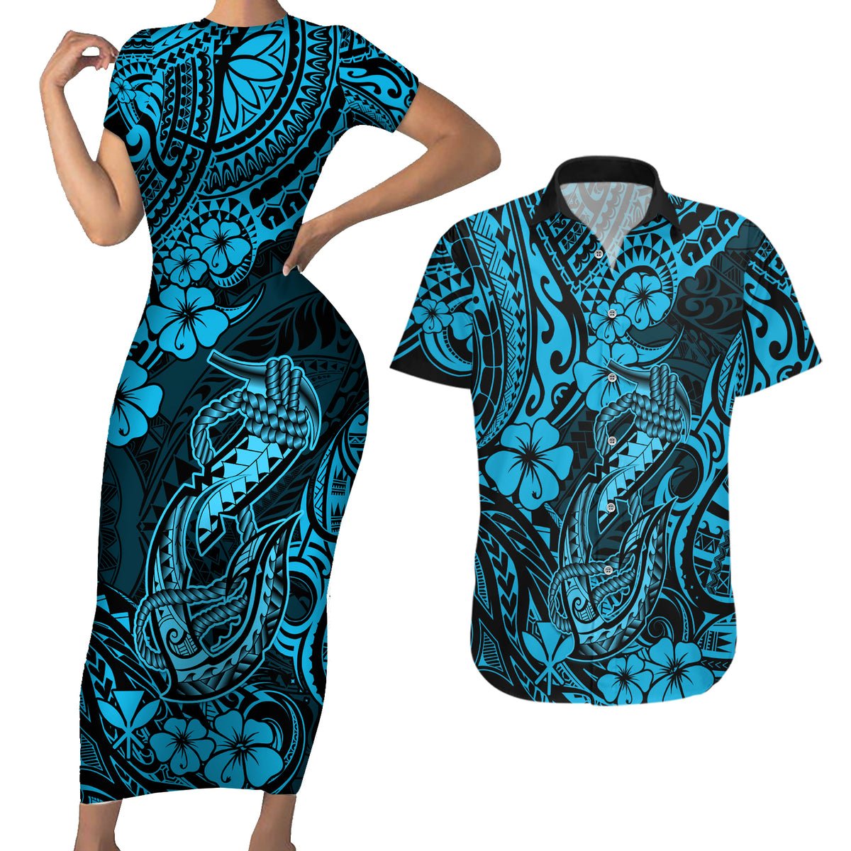 Hawaii Fish Hook Couples Matching Short Sleeve Bodycon Dress and Hawaiian Shirt Hibiscus Hawaii Tribal Tattoo Sky Blue Version - Wonder Print Shop