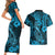 Hawaii Fish Hook Couples Matching Short Sleeve Bodycon Dress and Hawaiian Shirt Hibiscus Hawaii Tribal Tattoo Sky Blue Version - Wonder Print Shop