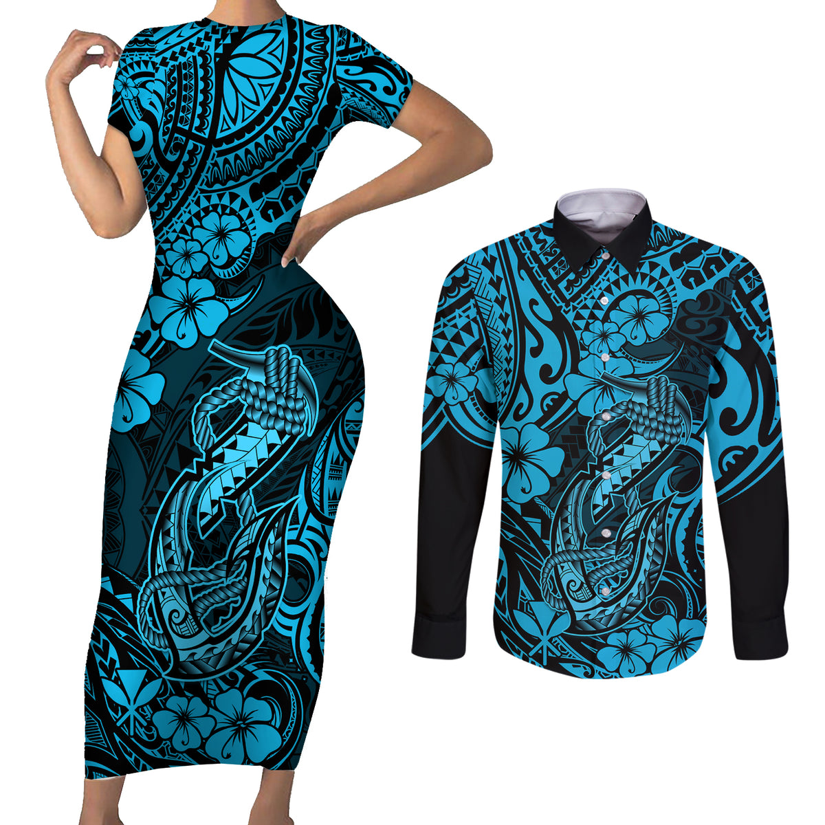 Hawaii Fish Hook Couples Matching Short Sleeve Bodycon Dress and Long Sleeve Button Shirts Hibiscus Hawaii Tribal Tattoo Sky Blue Version - Wonder Print Shop