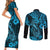 Hawaii Fish Hook Couples Matching Short Sleeve Bodycon Dress and Long Sleeve Button Shirts Hibiscus Hawaii Tribal Tattoo Sky Blue Version - Wonder Print Shop