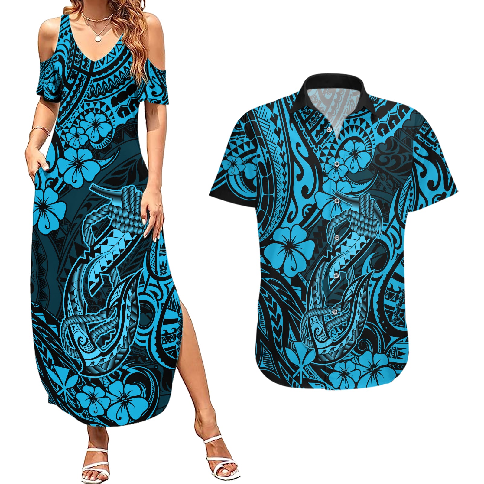 Hawaii Fish Hook Couples Matching Summer Maxi Dress and Hawaiian Shirt Hibiscus Hawaii Tribal Tattoo Sky Blue Version - Wonder Print Shop