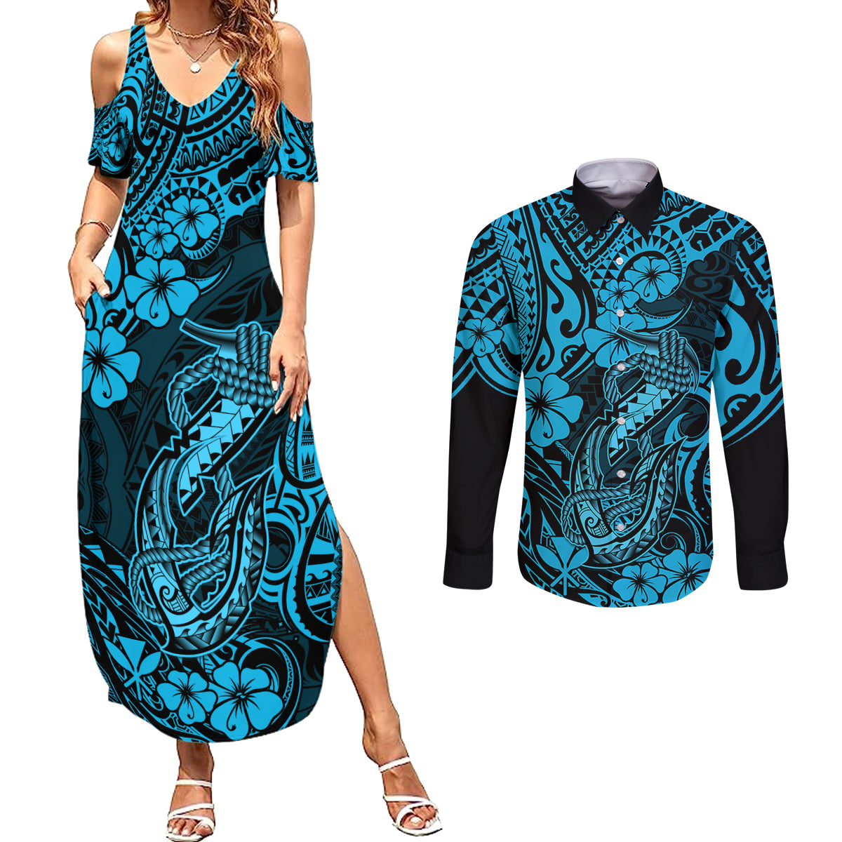 Hawaii Fish Hook Couples Matching Summer Maxi Dress and Long Sleeve Button Shirts Hibiscus Hawaii Tribal Tattoo Sky Blue Version - Wonder Print Shop