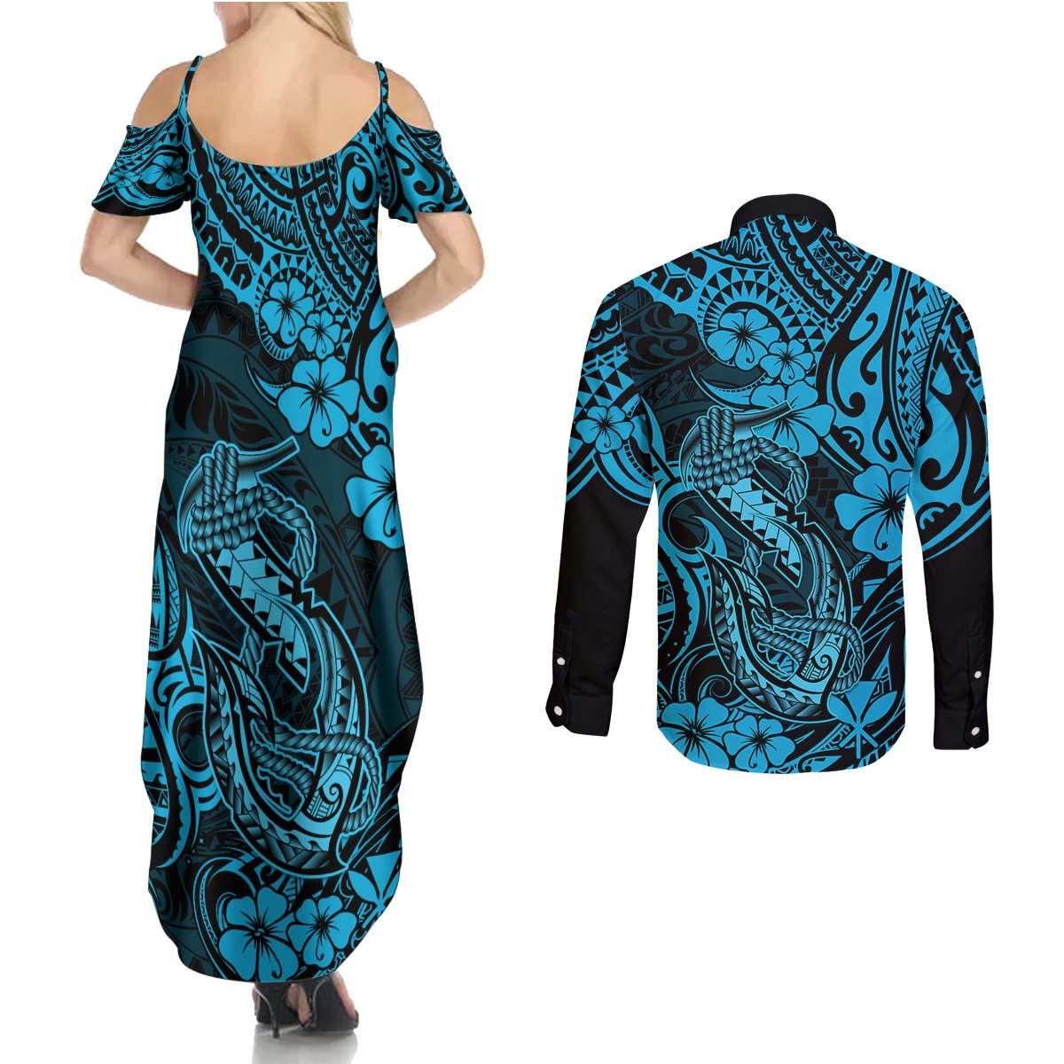 Hawaii Fish Hook Couples Matching Summer Maxi Dress and Long Sleeve Button Shirts Hibiscus Hawaii Tribal Tattoo Sky Blue Version - Wonder Print Shop