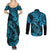 Hawaii Fish Hook Couples Matching Summer Maxi Dress and Long Sleeve Button Shirts Hibiscus Hawaii Tribal Tattoo Sky Blue Version - Wonder Print Shop