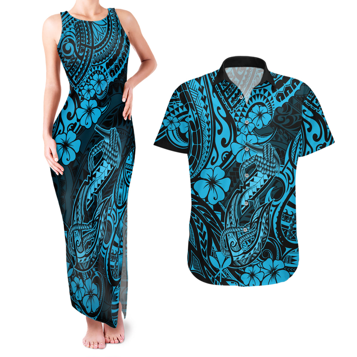 Hawaii Fish Hook Couples Matching Tank Maxi Dress and Hawaiian Shirt Hibiscus Hawaii Tribal Tattoo Sky Blue Version - Wonder Print Shop