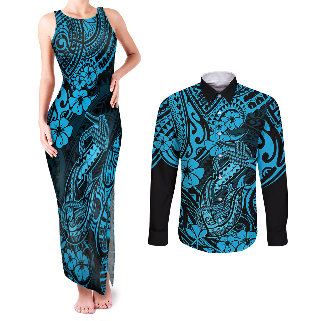 Hawaii Fish Hook Couples Matching Tank Maxi Dress and Long Sleeve Button Shirts Hibiscus Hawaii Tribal Tattoo Sky Blue Version - Wonder Print Shop