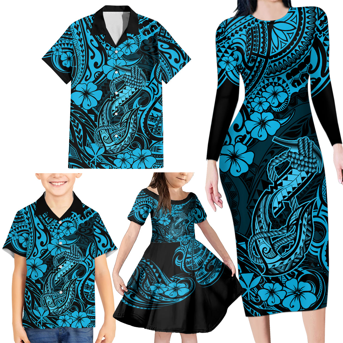 Hawaii Fish Hook Family Matching Long Sleeve Bodycon Dress and Hawaiian Shirt Hibiscus Hawaii Tribal Tattoo Sky Blue Version - Wonder Print Shop