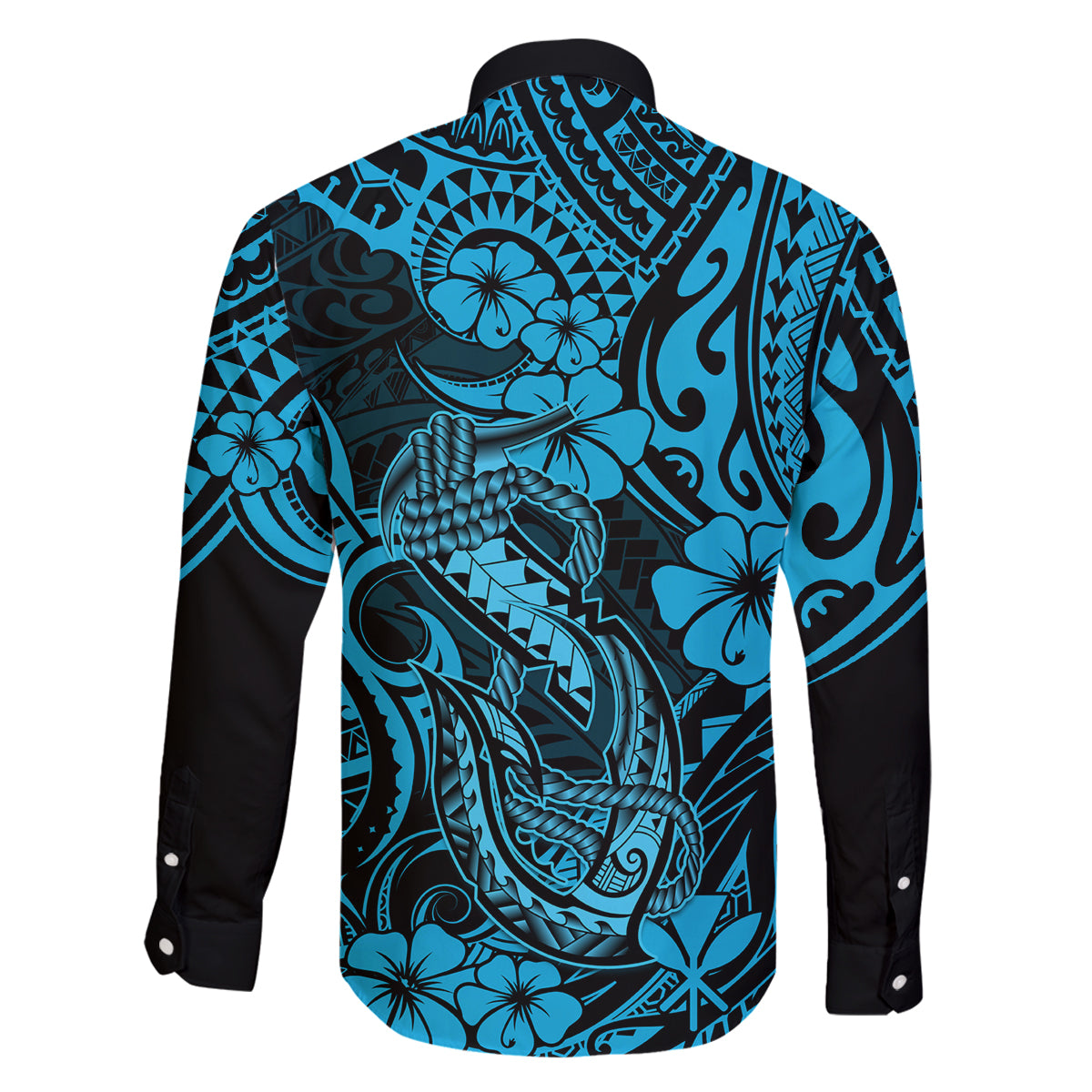 Hawaii Fish Hook Family Matching Long Sleeve Bodycon Dress and Hawaiian Shirt Hibiscus Hawaii Tribal Tattoo Sky Blue Version - Wonder Print Shop