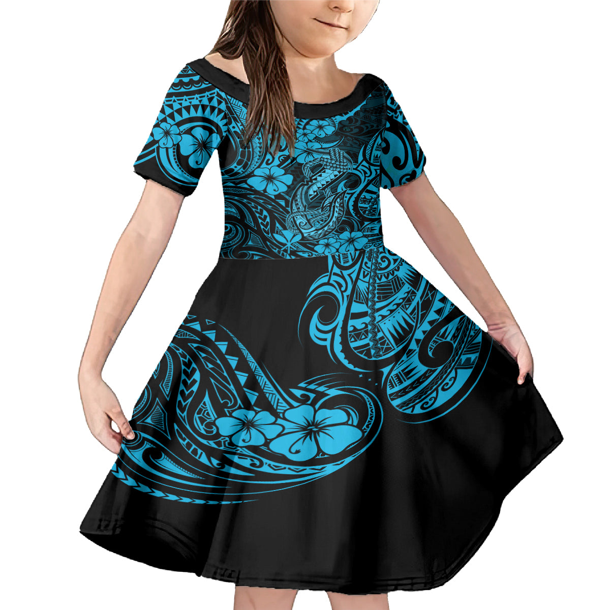 Hawaii Fish Hook Family Matching Mermaid Dress and Hawaiian Shirt Hibiscus Hawaii Tribal Tattoo Sky Blue Version - Wonder Print Shop