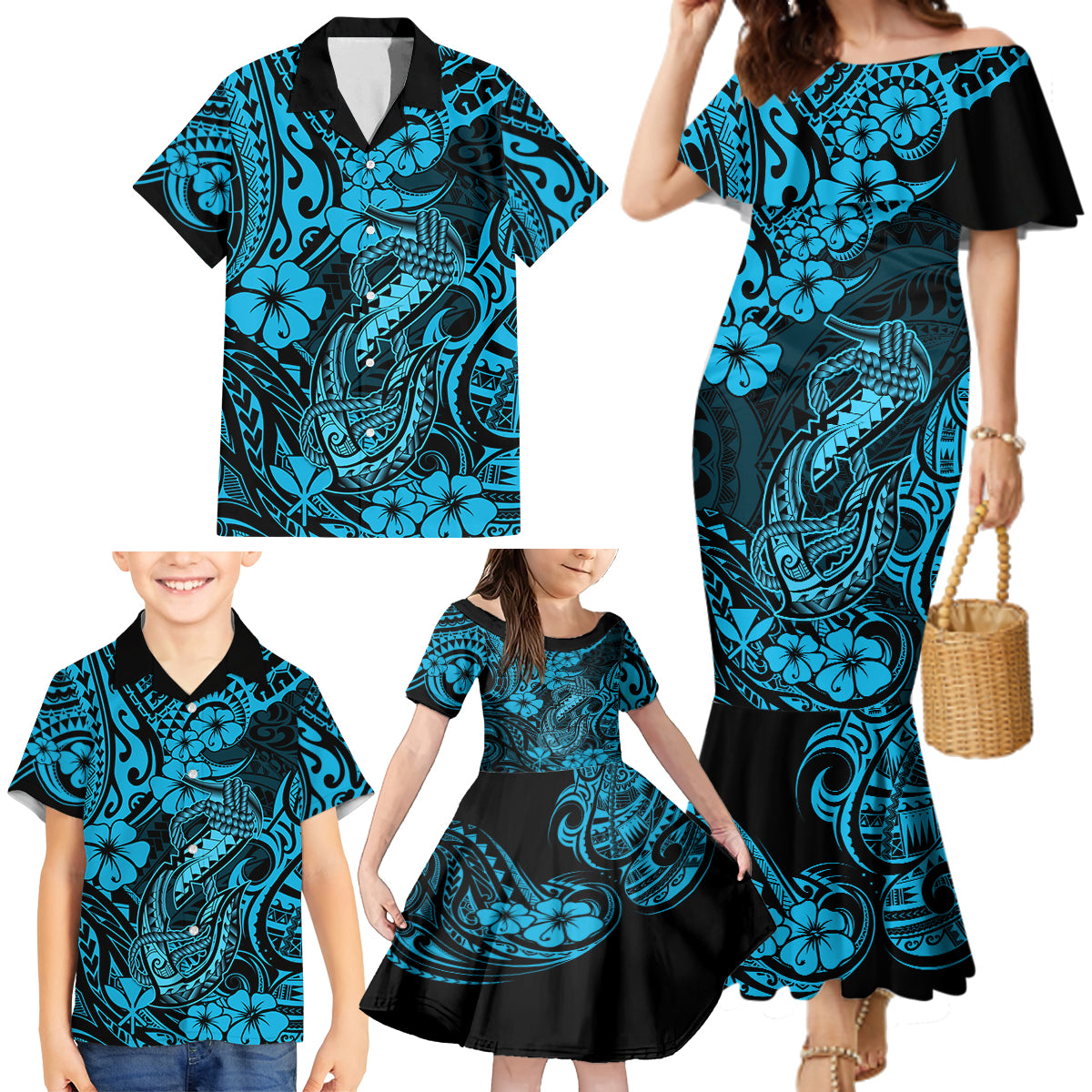 Hawaii Fish Hook Family Matching Mermaid Dress and Hawaiian Shirt Hibiscus Hawaii Tribal Tattoo Sky Blue Version - Wonder Print Shop