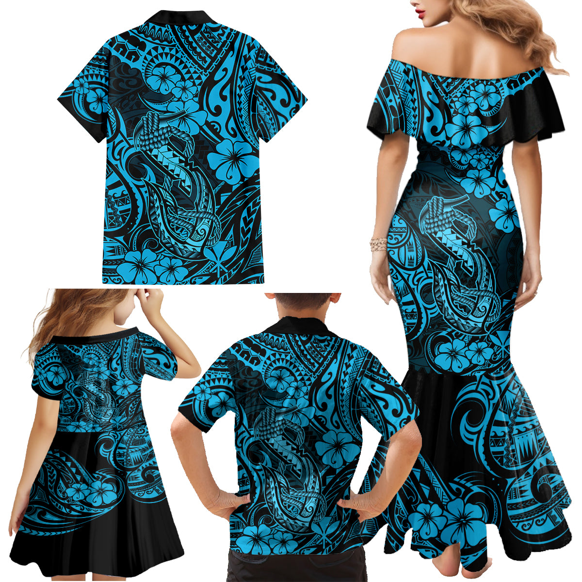 Hawaii Fish Hook Family Matching Mermaid Dress and Hawaiian Shirt Hibiscus Hawaii Tribal Tattoo Sky Blue Version - Wonder Print Shop