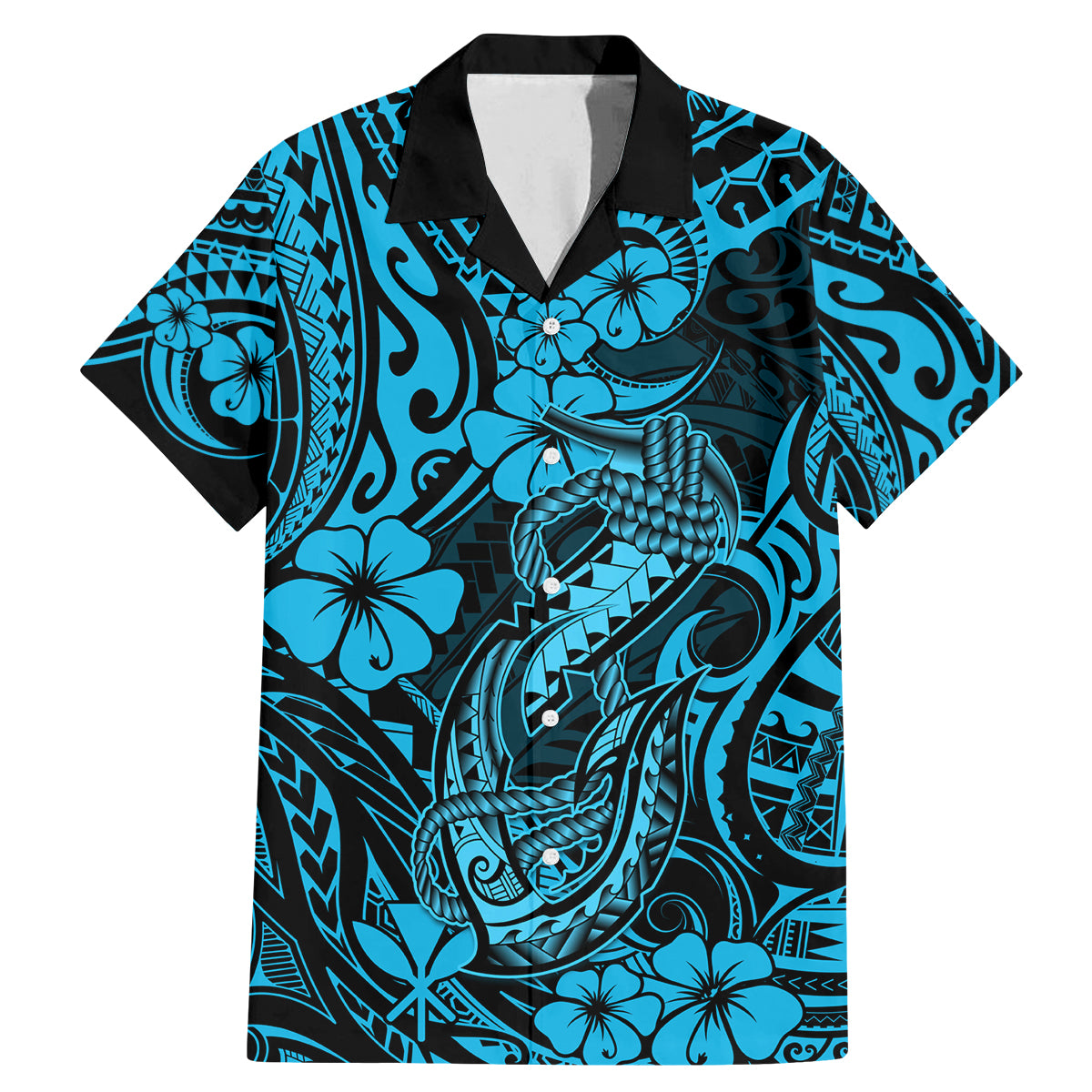 Hawaii Fish Hook Family Matching Mermaid Dress and Hawaiian Shirt Hibiscus Hawaii Tribal Tattoo Sky Blue Version - Wonder Print Shop