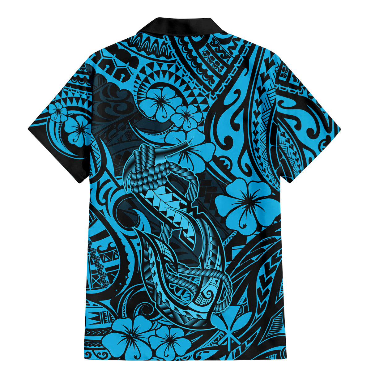 Hawaii Fish Hook Family Matching Mermaid Dress and Hawaiian Shirt Hibiscus Hawaii Tribal Tattoo Sky Blue Version - Wonder Print Shop