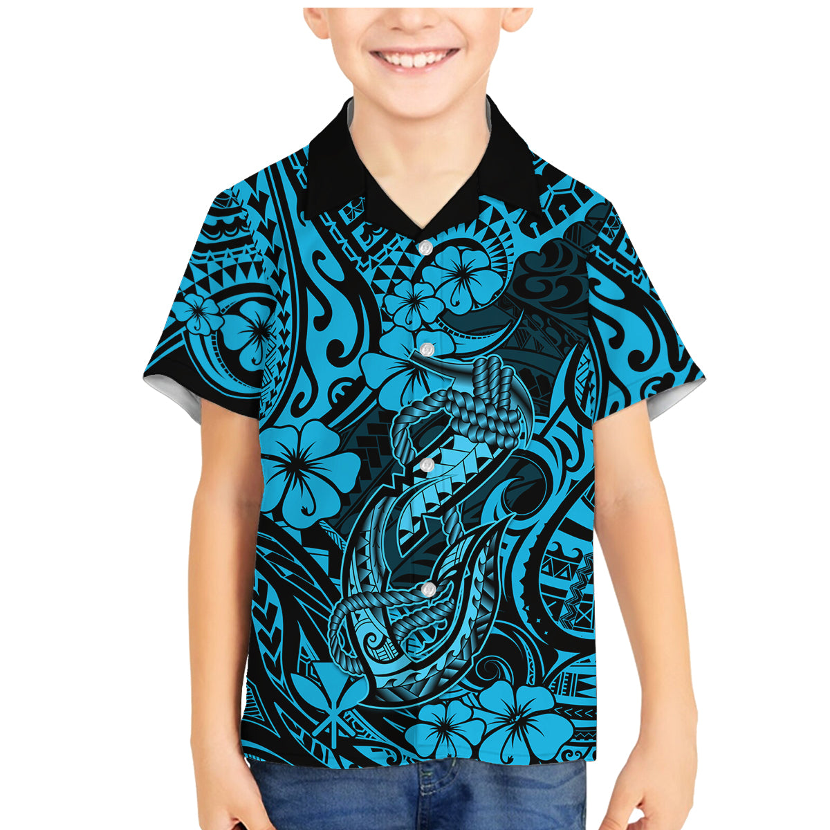 Hawaii Fish Hook Family Matching Mermaid Dress and Hawaiian Shirt Hibiscus Hawaii Tribal Tattoo Sky Blue Version - Wonder Print Shop