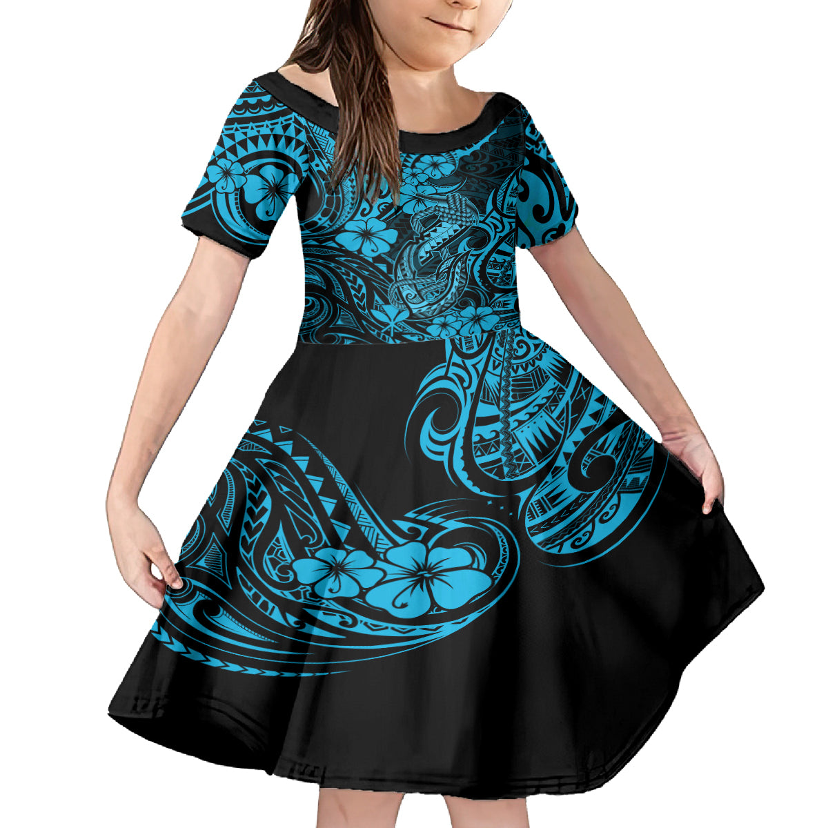Hawaii Fish Hook Family Matching Off Shoulder Long Sleeve Dress and Hawaiian Shirt Hibiscus Hawaii Tribal Tattoo Sky Blue Version - Wonder Print Shop