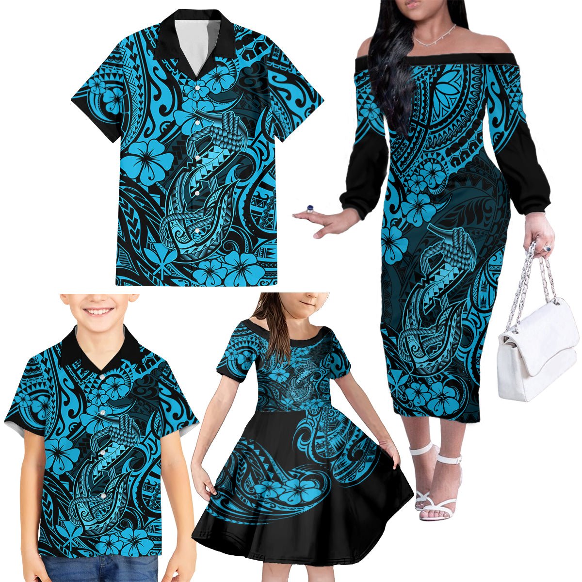 Hawaii Fish Hook Family Matching Off Shoulder Long Sleeve Dress and Hawaiian Shirt Hibiscus Hawaii Tribal Tattoo Sky Blue Version - Wonder Print Shop