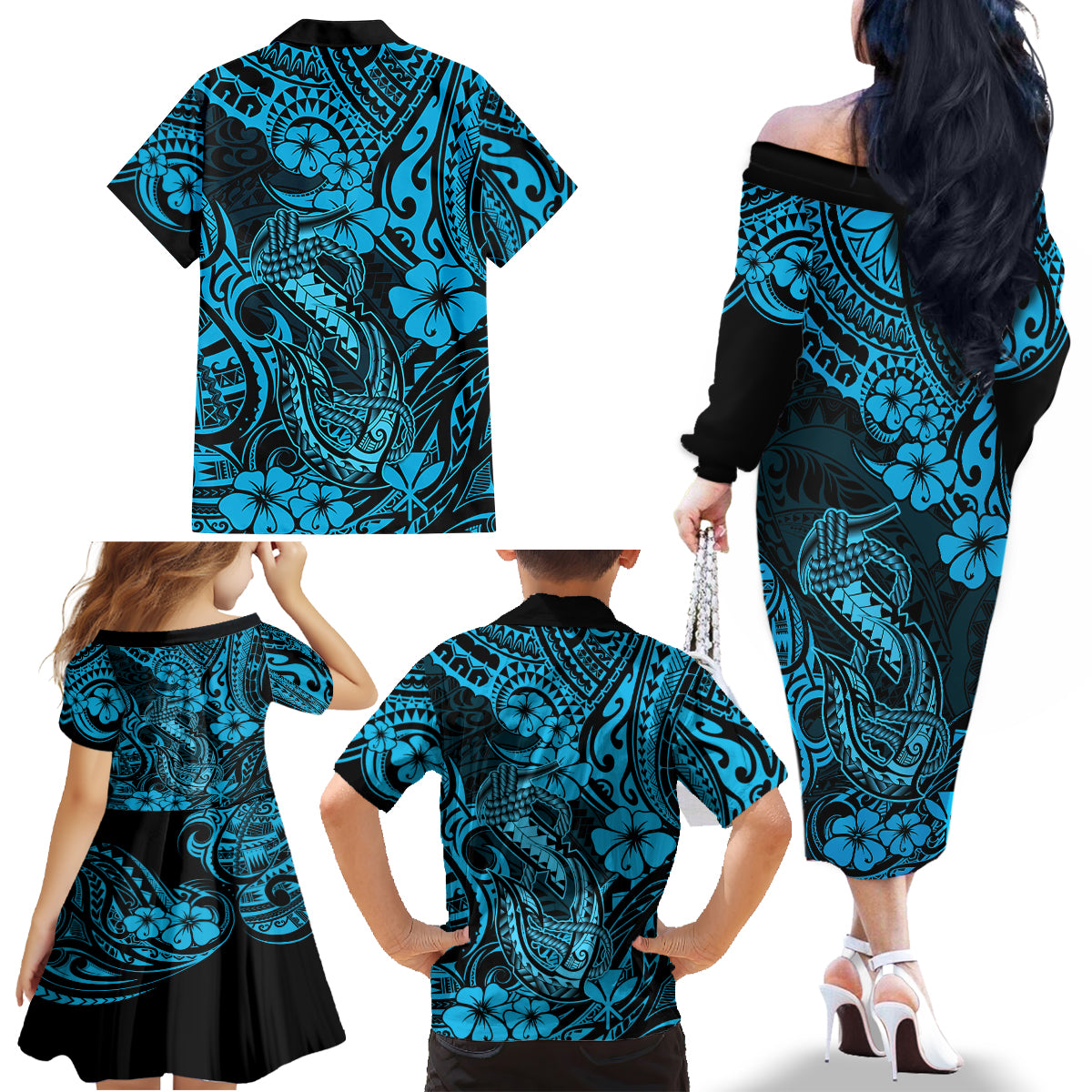 Hawaii Fish Hook Family Matching Off Shoulder Long Sleeve Dress and Hawaiian Shirt Hibiscus Hawaii Tribal Tattoo Sky Blue Version - Wonder Print Shop