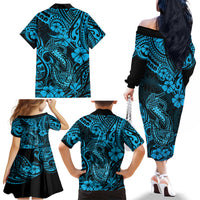 Hawaii Fish Hook Family Matching Off Shoulder Long Sleeve Dress and Hawaiian Shirt Hibiscus Hawaii Tribal Tattoo Sky Blue Version - Wonder Print Shop