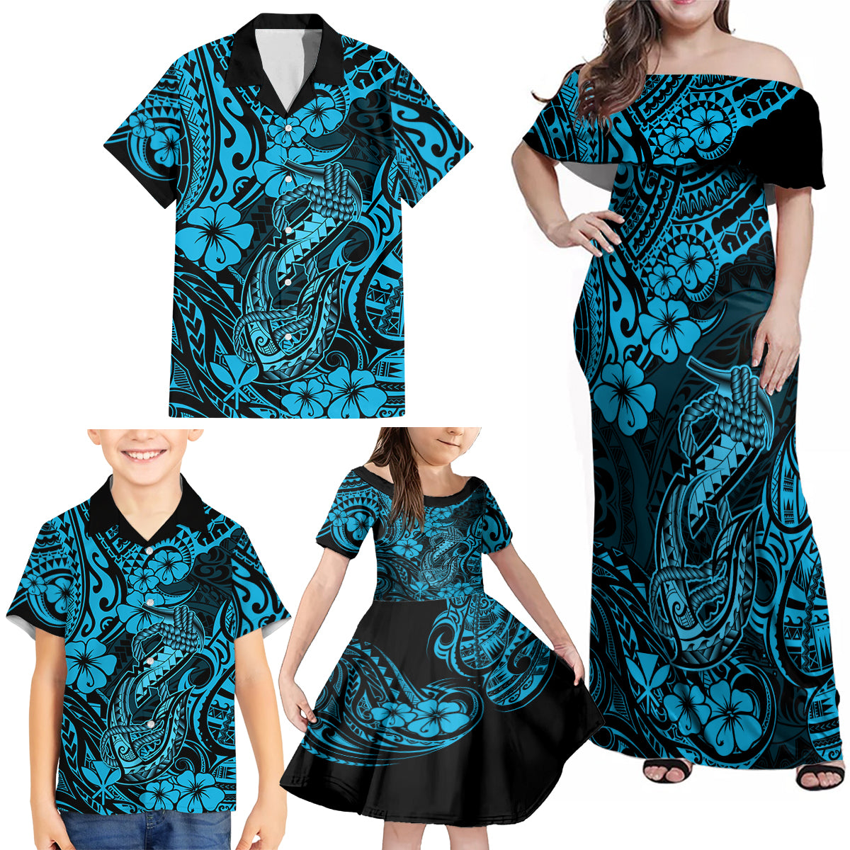 Hawaii Fish Hook Family Matching Off Shoulder Maxi Dress and Hawaiian Shirt Hibiscus Hawaii Tribal Tattoo Sky Blue Version - Wonder Print Shop