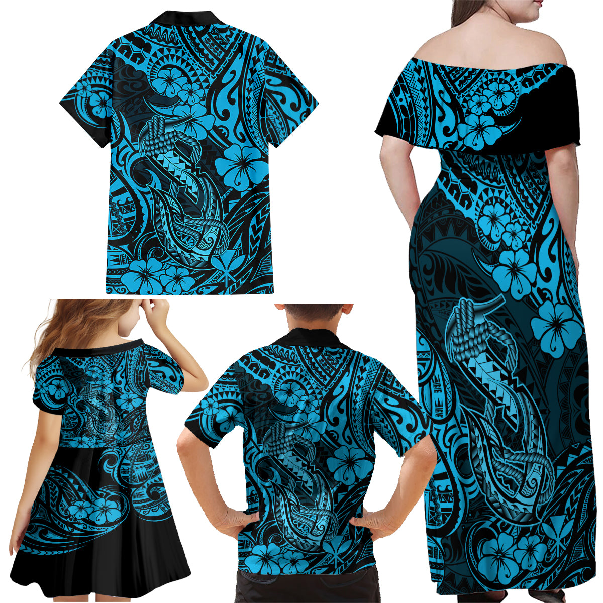 Hawaii Fish Hook Family Matching Off Shoulder Maxi Dress and Hawaiian Shirt Hibiscus Hawaii Tribal Tattoo Sky Blue Version - Wonder Print Shop