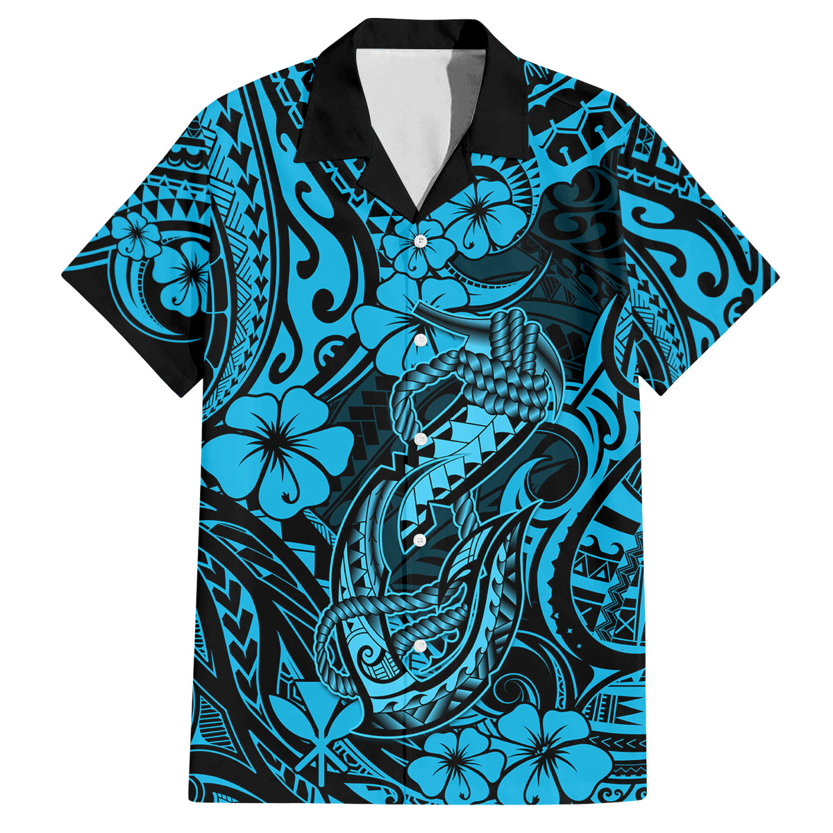 Hawaii Fish Hook Family Matching Off Shoulder Maxi Dress and Hawaiian Shirt Hibiscus Hawaii Tribal Tattoo Sky Blue Version - Wonder Print Shop