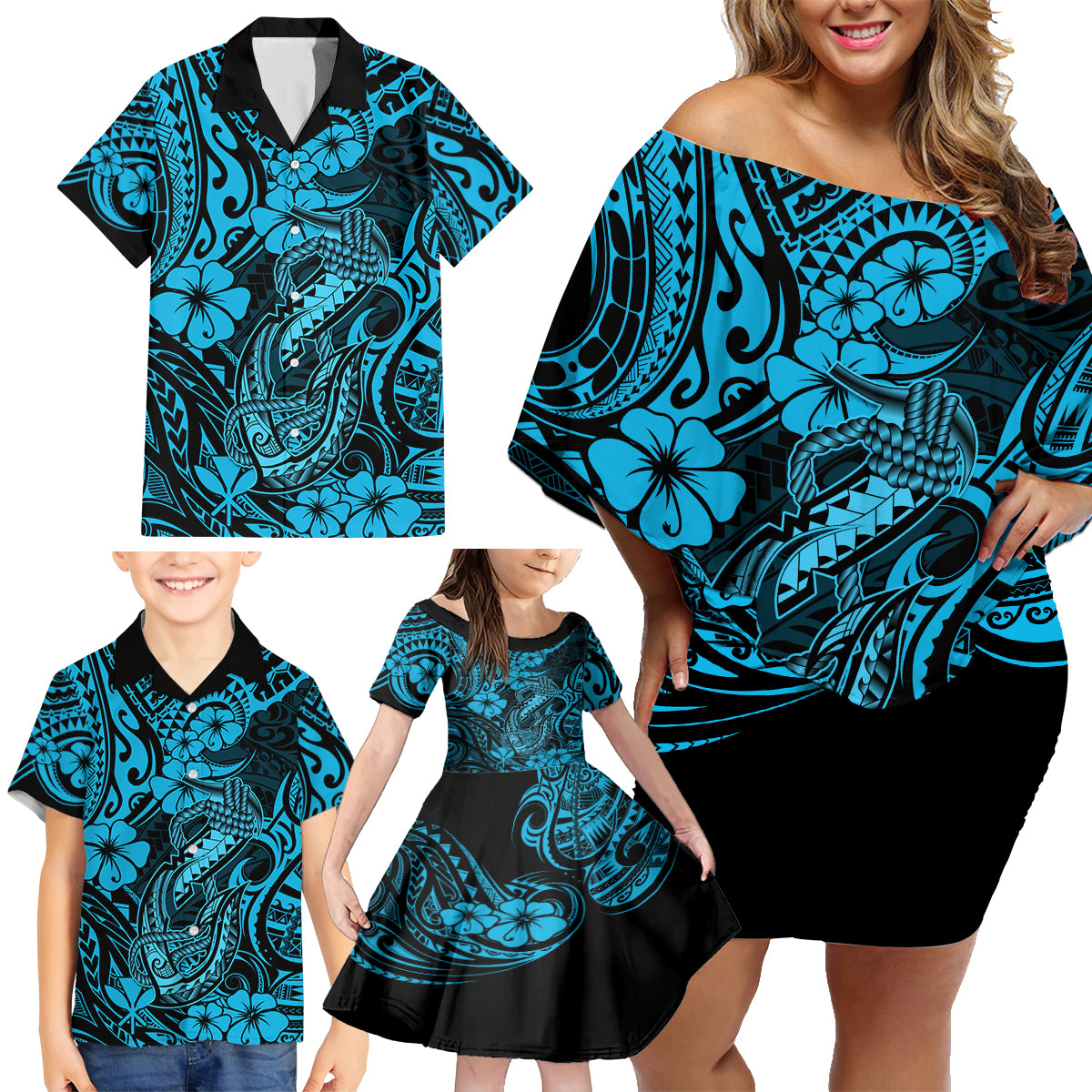 Hawaii Fish Hook Family Matching Off Shoulder Short Dress and Hawaiian Shirt Hibiscus Hawaii Tribal Tattoo Sky Blue Version - Wonder Print Shop