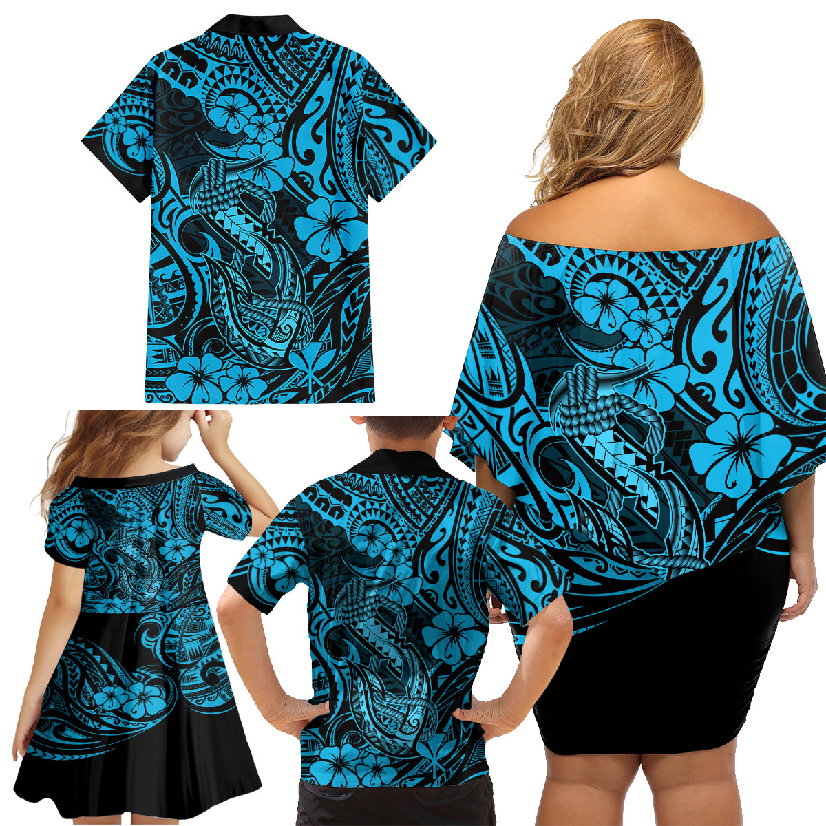 Hawaii Fish Hook Family Matching Off Shoulder Short Dress and Hawaiian Shirt Hibiscus Hawaii Tribal Tattoo Sky Blue Version - Wonder Print Shop