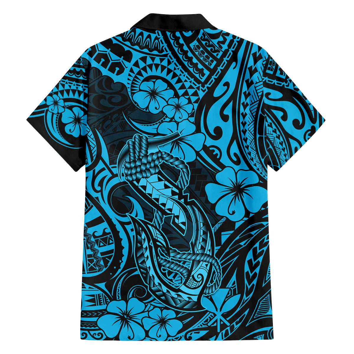 Hawaii Fish Hook Family Matching Off Shoulder Short Dress and Hawaiian Shirt Hibiscus Hawaii Tribal Tattoo Sky Blue Version - Wonder Print Shop