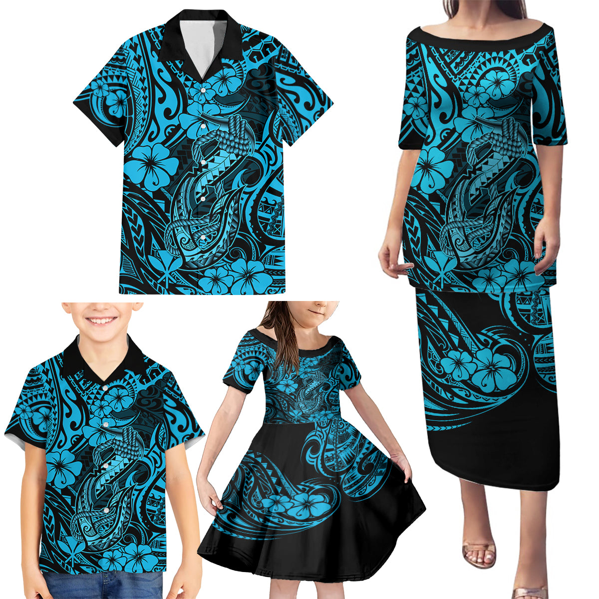 Hawaii Fish Hook Family Matching Puletasi Dress and Hawaiian Shirt Hibiscus Hawaii Tribal Tattoo Sky Blue Version - Wonder Print Shop