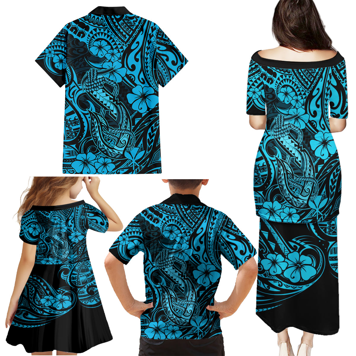 Hawaii Fish Hook Family Matching Puletasi Dress and Hawaiian Shirt Hibiscus Hawaii Tribal Tattoo Sky Blue Version - Wonder Print Shop
