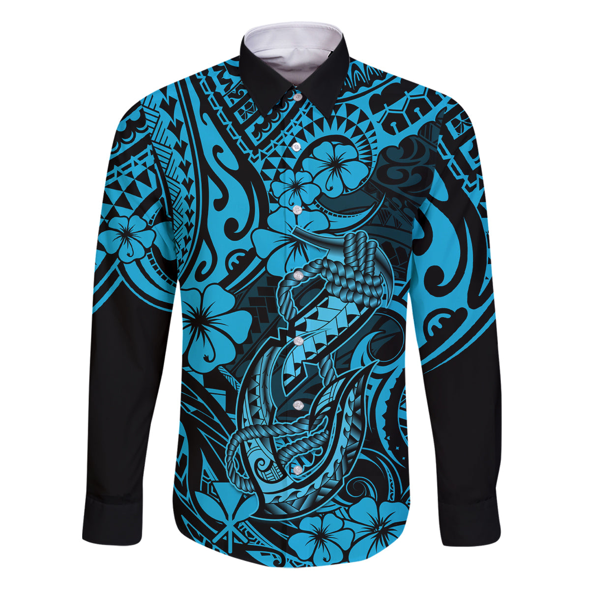 Hawaii Fish Hook Family Matching Puletasi Dress and Hawaiian Shirt Hibiscus Hawaii Tribal Tattoo Sky Blue Version - Wonder Print Shop