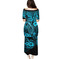 Hawaii Fish Hook Family Matching Puletasi Dress and Hawaiian Shirt Hibiscus Hawaii Tribal Tattoo Sky Blue Version - Wonder Print Shop