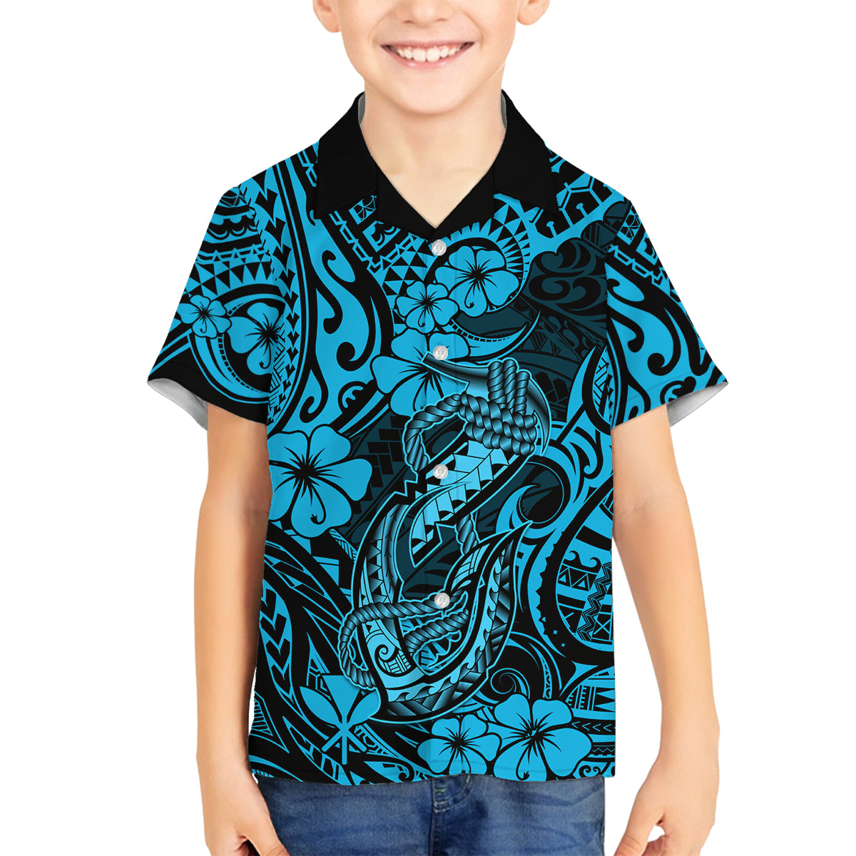 Hawaii Fish Hook Family Matching Puletasi Dress and Hawaiian Shirt Hibiscus Hawaii Tribal Tattoo Sky Blue Version - Wonder Print Shop