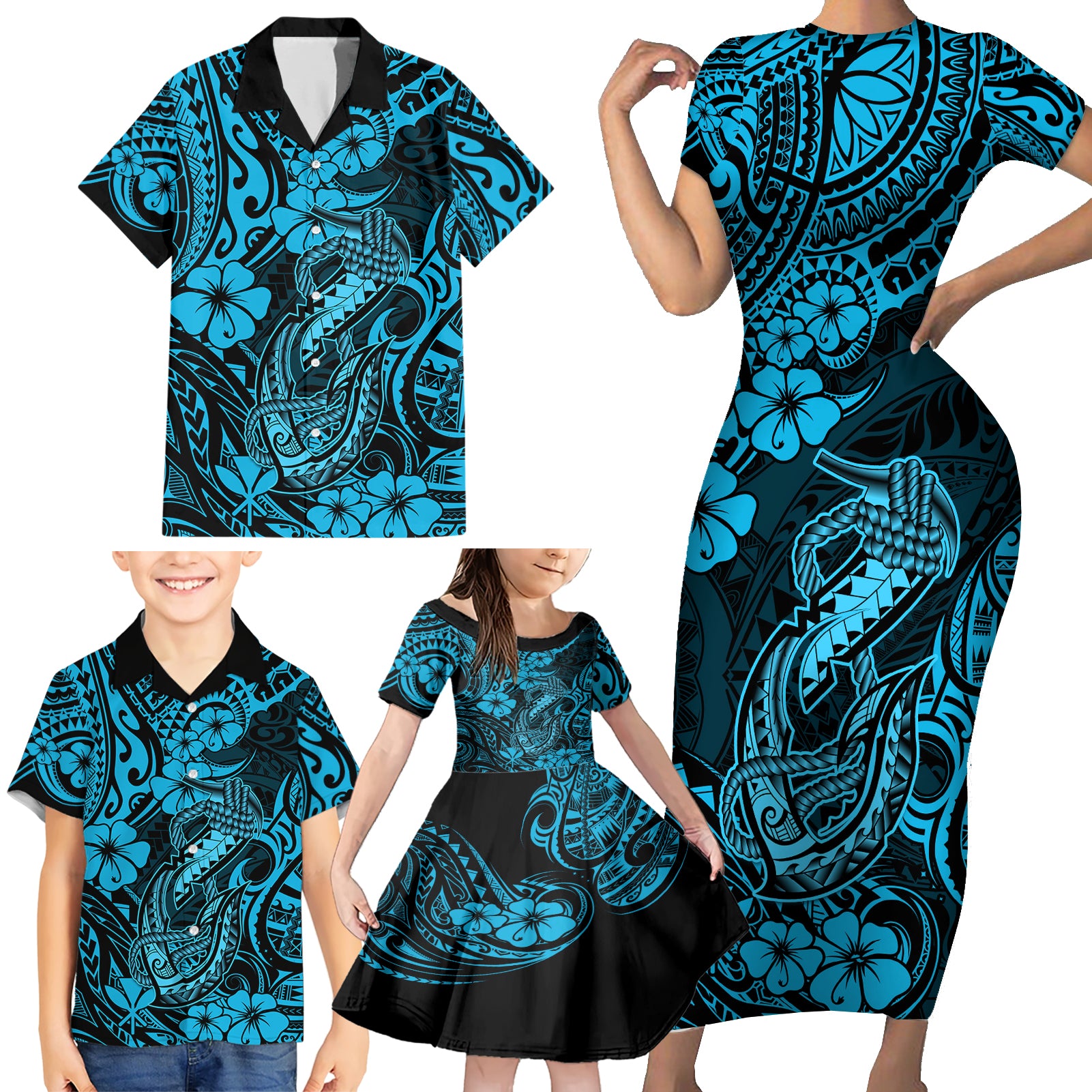 Hawaii Fish Hook Family Matching Short Sleeve Bodycon Dress and Hawaiian Shirt Hibiscus Hawaii Tribal Tattoo Sky Blue Version - Wonder Print Shop