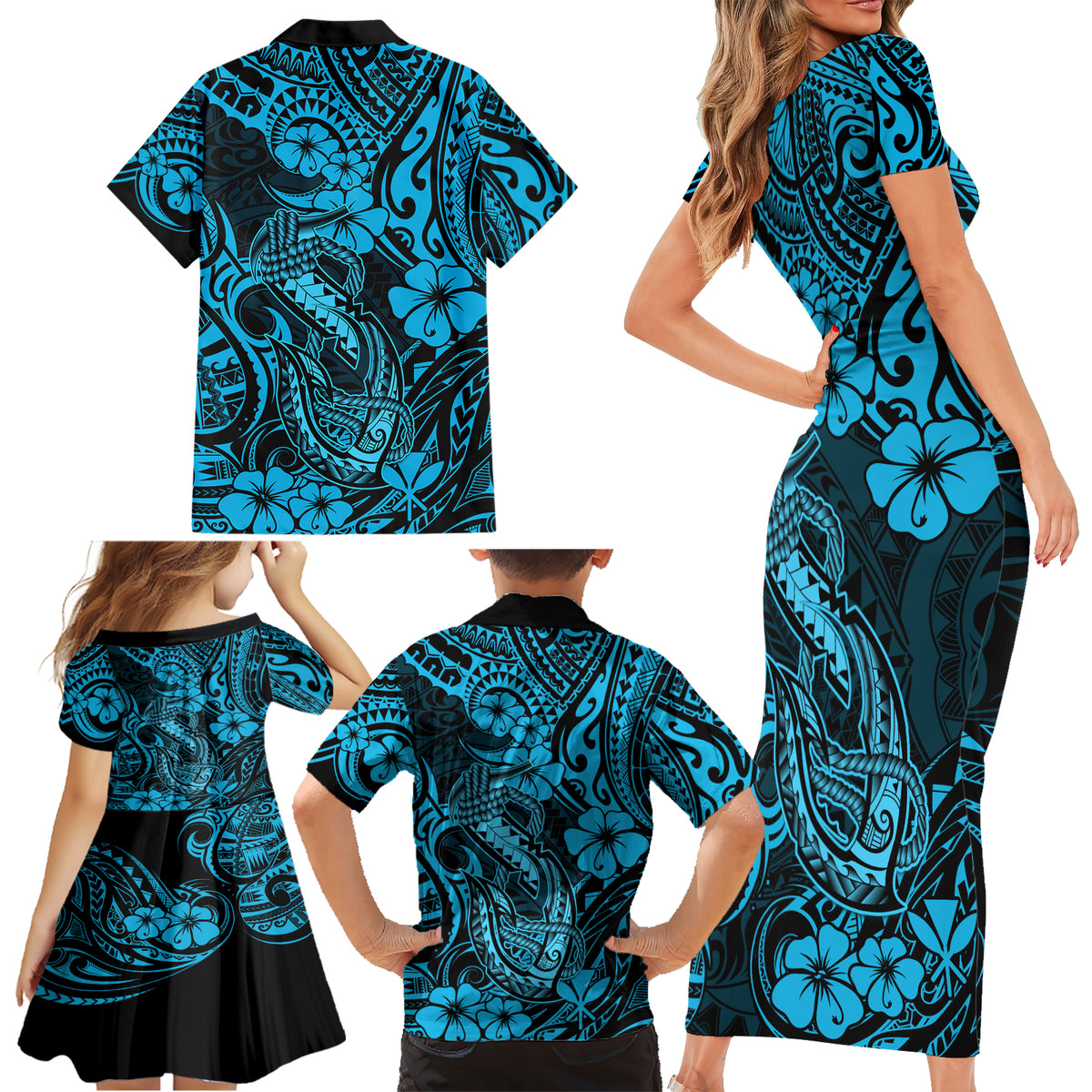 Hawaii Fish Hook Family Matching Short Sleeve Bodycon Dress and Hawaiian Shirt Hibiscus Hawaii Tribal Tattoo Sky Blue Version - Wonder Print Shop