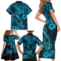 Hawaii Fish Hook Family Matching Short Sleeve Bodycon Dress and Hawaiian Shirt Hibiscus Hawaii Tribal Tattoo Sky Blue Version - Wonder Print Shop