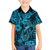 Hawaii Fish Hook Family Matching Short Sleeve Bodycon Dress and Hawaiian Shirt Hibiscus Hawaii Tribal Tattoo Sky Blue Version - Wonder Print Shop