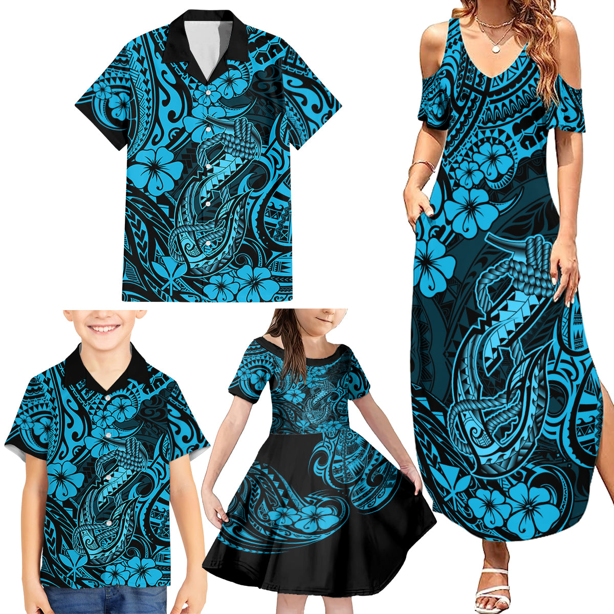 Hawaii Fish Hook Family Matching Summer Maxi Dress and Hawaiian Shirt Hibiscus Hawaii Tribal Tattoo Sky Blue Version - Wonder Print Shop