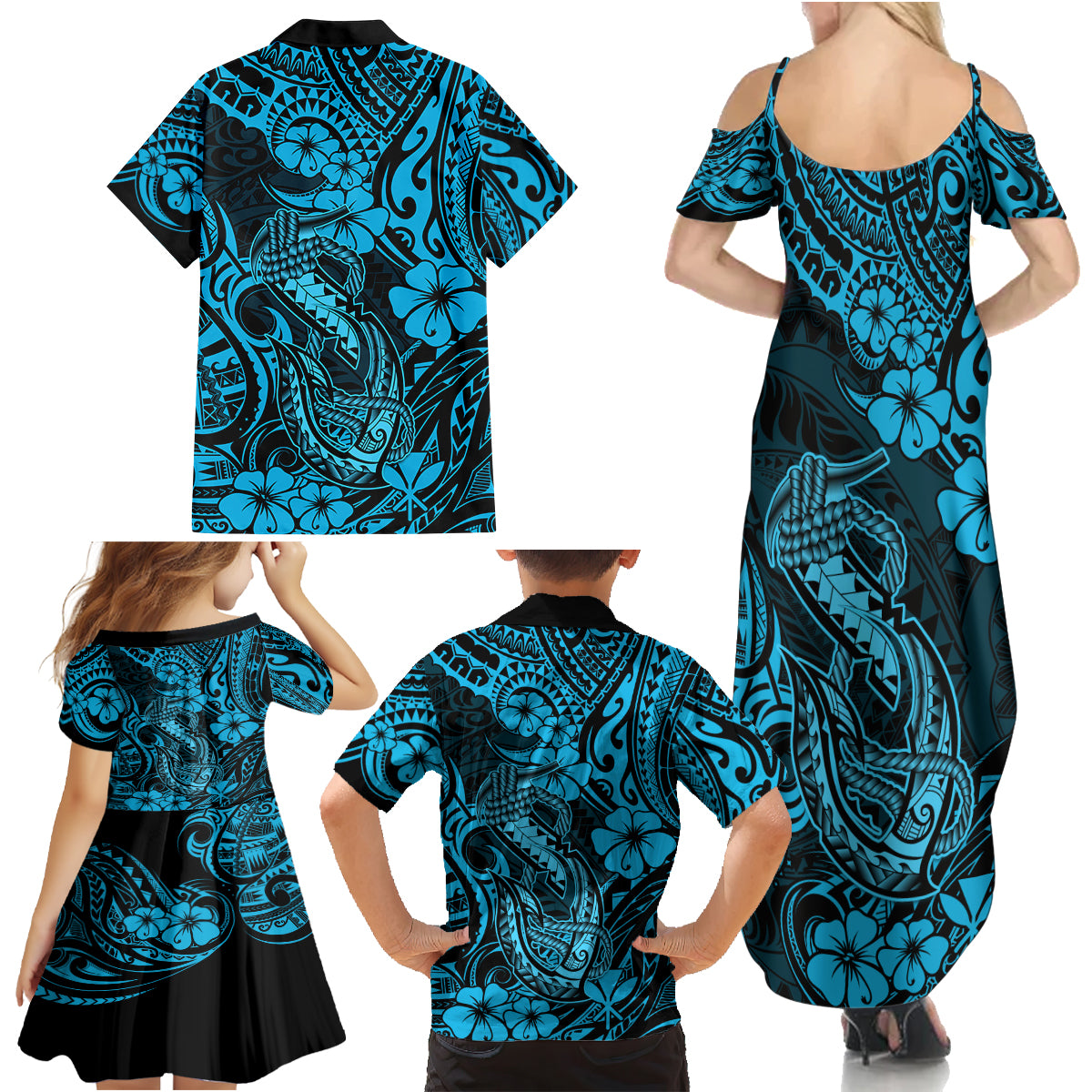 Hawaii Fish Hook Family Matching Summer Maxi Dress and Hawaiian Shirt Hibiscus Hawaii Tribal Tattoo Sky Blue Version - Wonder Print Shop