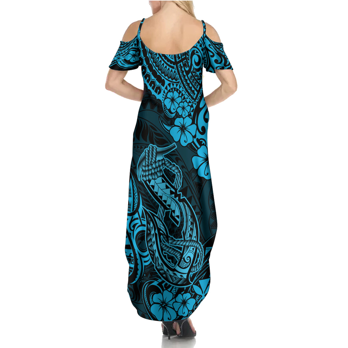 Hawaii Fish Hook Family Matching Summer Maxi Dress and Hawaiian Shirt Hibiscus Hawaii Tribal Tattoo Sky Blue Version - Wonder Print Shop