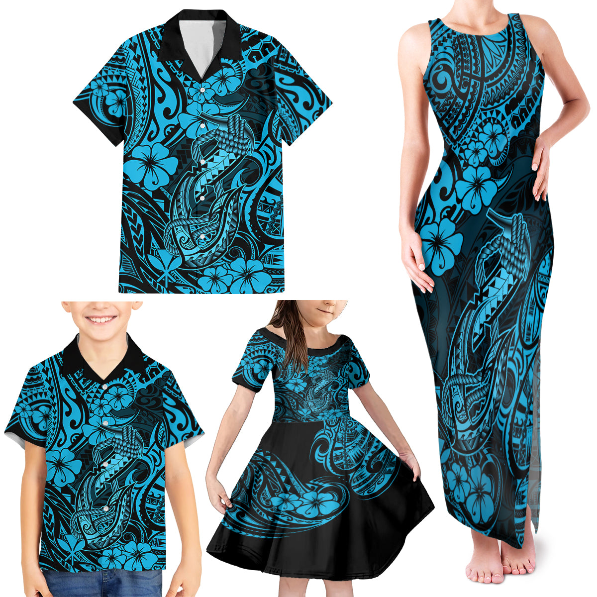 Hawaii Fish Hook Family Matching Tank Maxi Dress and Hawaiian Shirt Hibiscus Hawaii Tribal Tattoo Sky Blue Version - Wonder Print Shop