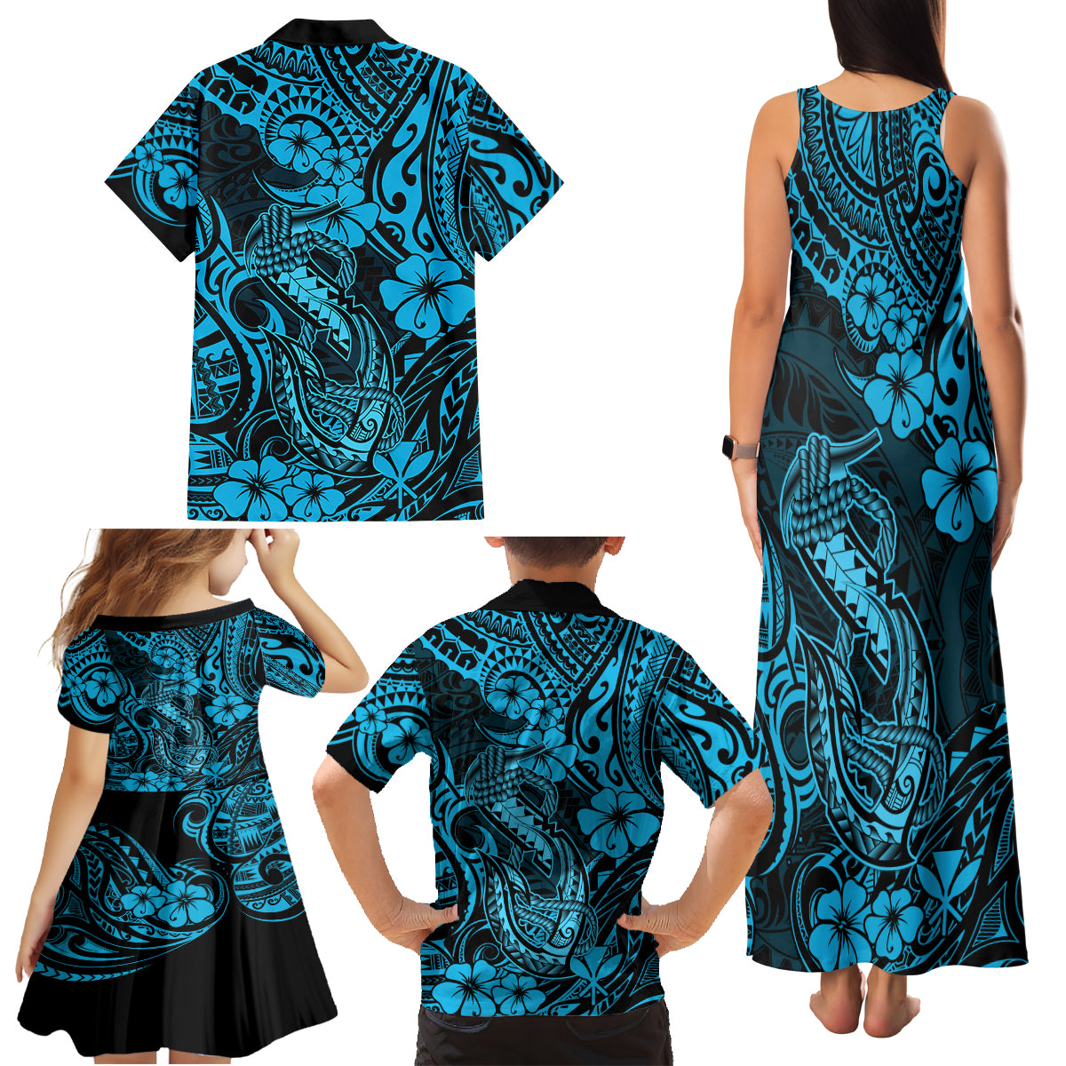 Hawaii Fish Hook Family Matching Tank Maxi Dress and Hawaiian Shirt Hibiscus Hawaii Tribal Tattoo Sky Blue Version - Wonder Print Shop