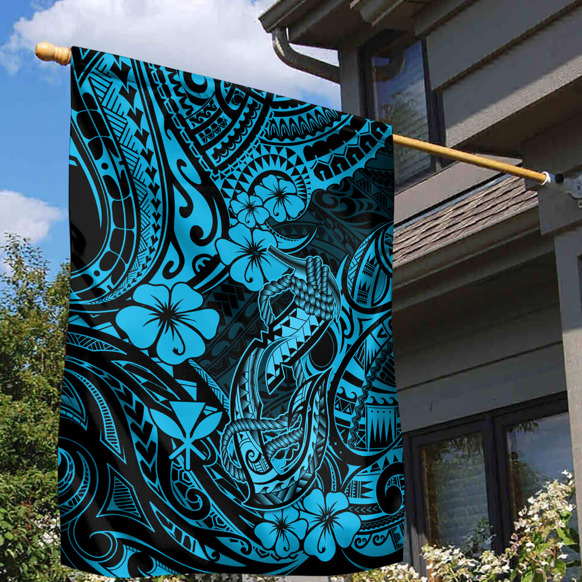 Hawaii Fish Hook Garden Flag Hibiscus Hawaii Tribal Tattoo Sky Blue Version - Wonder Print Shop